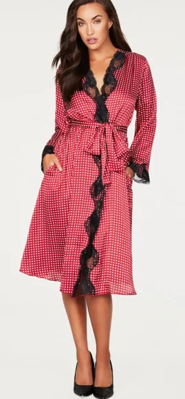 Frederick's of Hollywood Women's Polka Dot Satin and Lace Robe Red and White XL - Picture 5 of 8